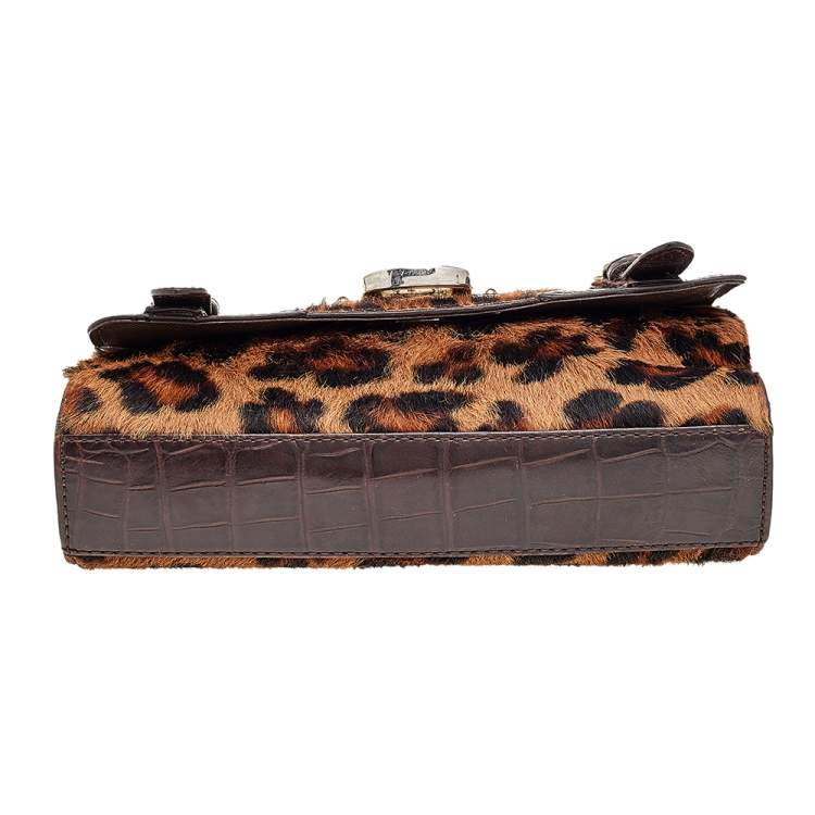 Pre Owned DKNY Brown Calf Hair and Croc Embossed Leather Top Handle Bag