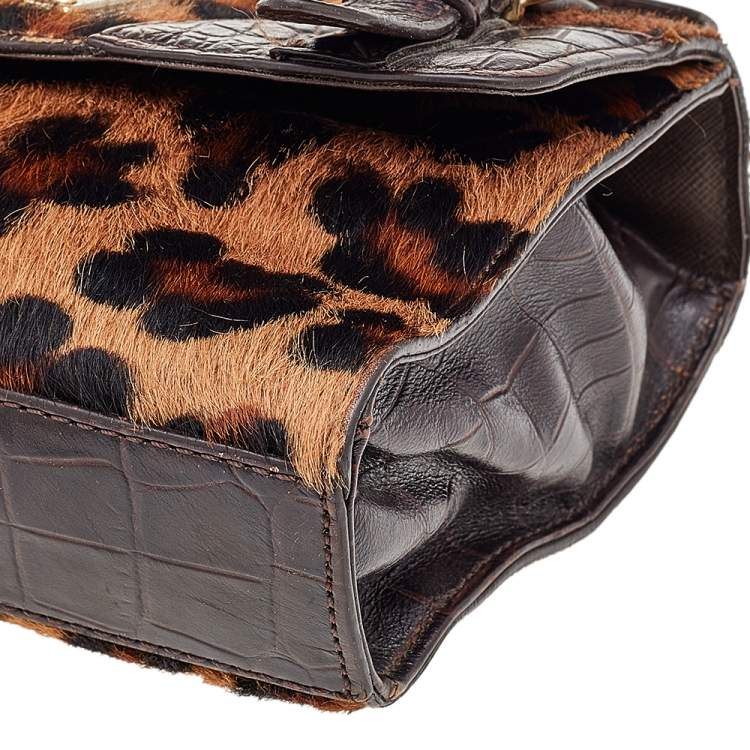 Pre Owned DKNY Brown Calf Hair and Croc Embossed Leather Top Handle Bag