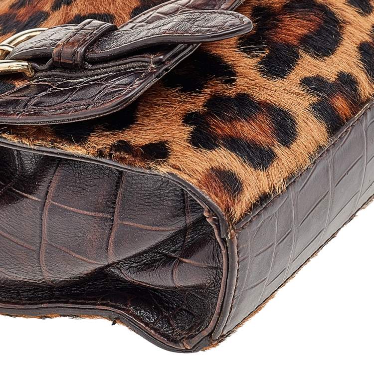 Pre Owned DKNY Brown Calf Hair and Croc Embossed Leather Top Handle Bag