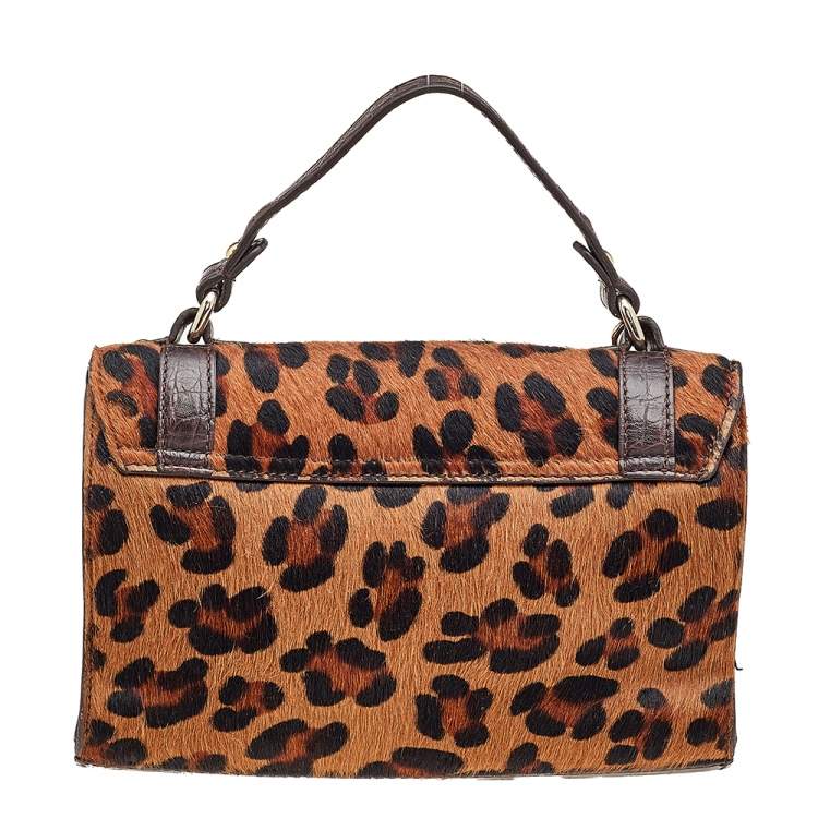 Pre Owned DKNY Brown Calf Hair and Croc Embossed Leather Top Handle Bag