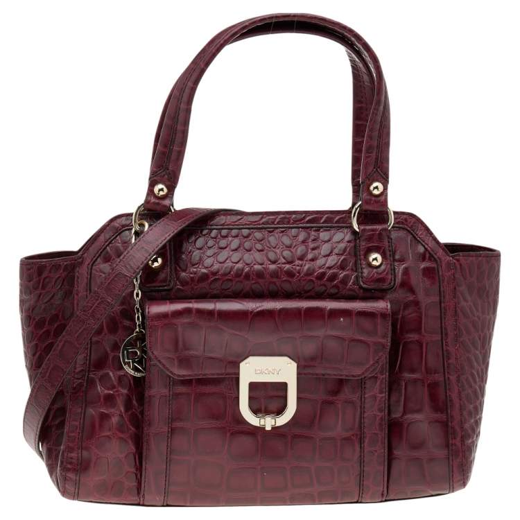 Pre Owned DKNY Burgundy Croc Embossed Leather Satchel