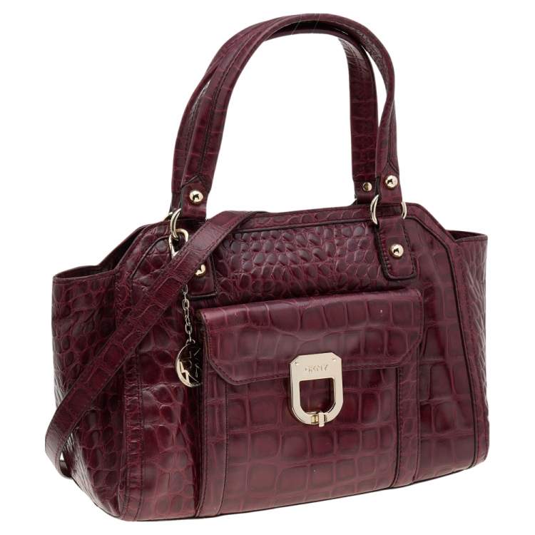 Pre Owned DKNY Burgundy Croc Embossed Leather Satchel
