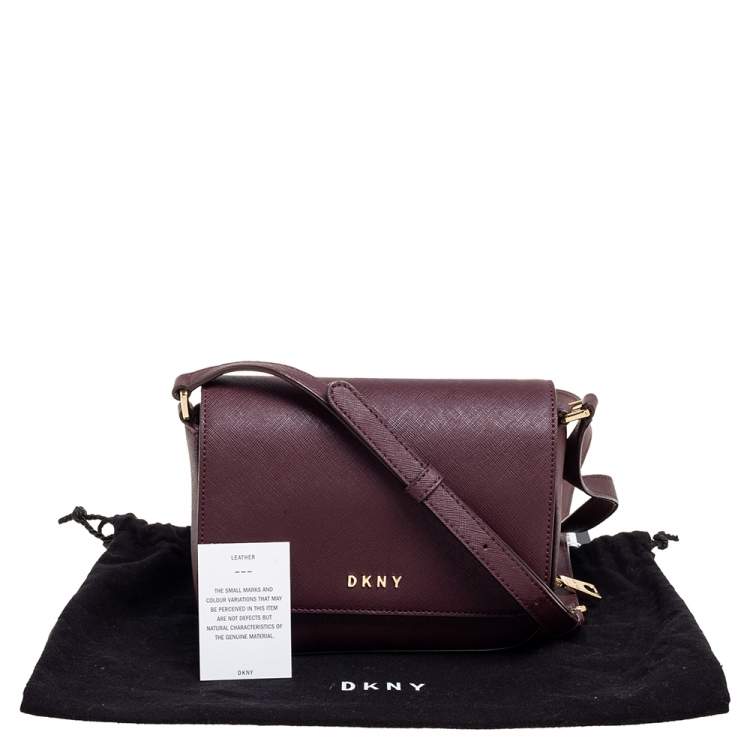 Pre Owned DKNY Dark Burgundy Saffiano Leather Flap Crossbody Bag