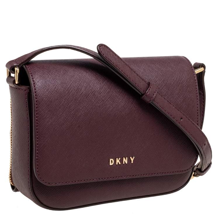 Pre Owned DKNY Dark Burgundy Saffiano Leather Flap Crossbody Bag