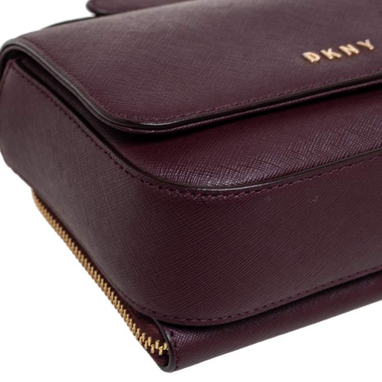 Pre Owned DKNY Dark Burgundy Saffiano Leather Flap Crossbody Bag