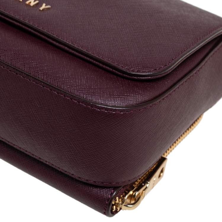 Pre Owned DKNY Dark Burgundy Saffiano Leather Flap Crossbody Bag