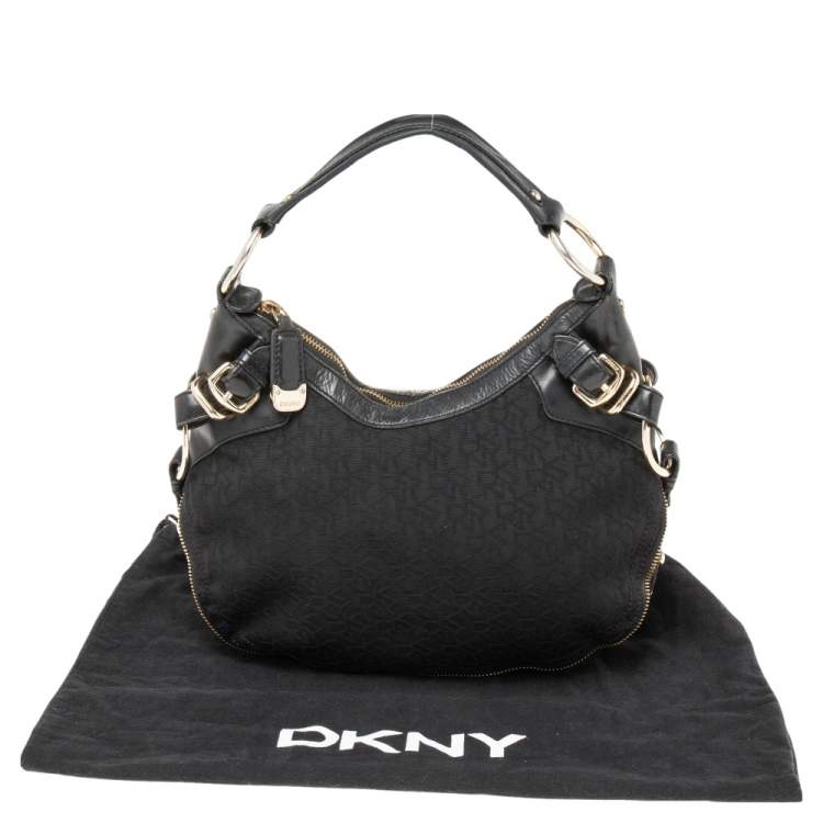 Pre Owned Dkny Black Leather And Monogram Canvas Hobo