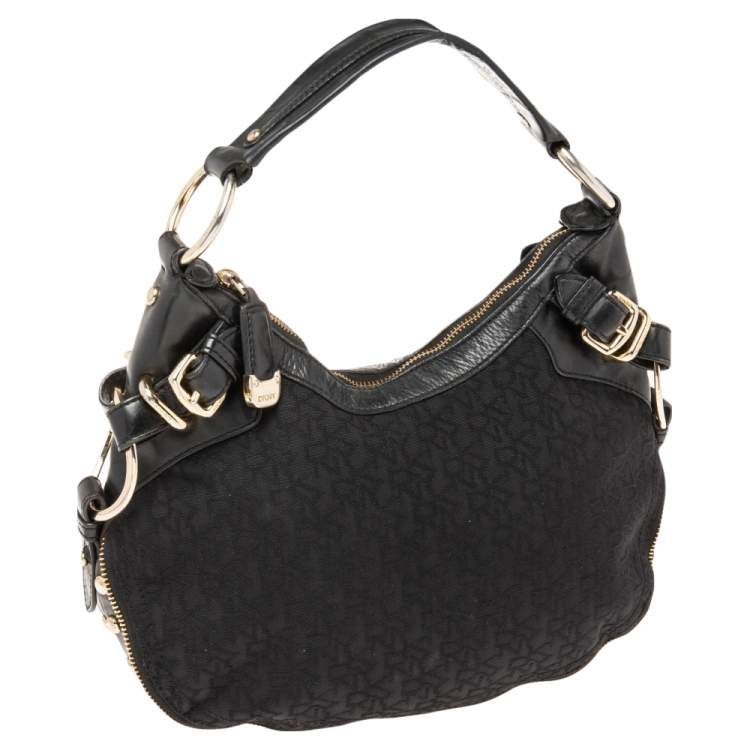 Pre Owned Dkny Black Leather And Monogram Canvas Hobo