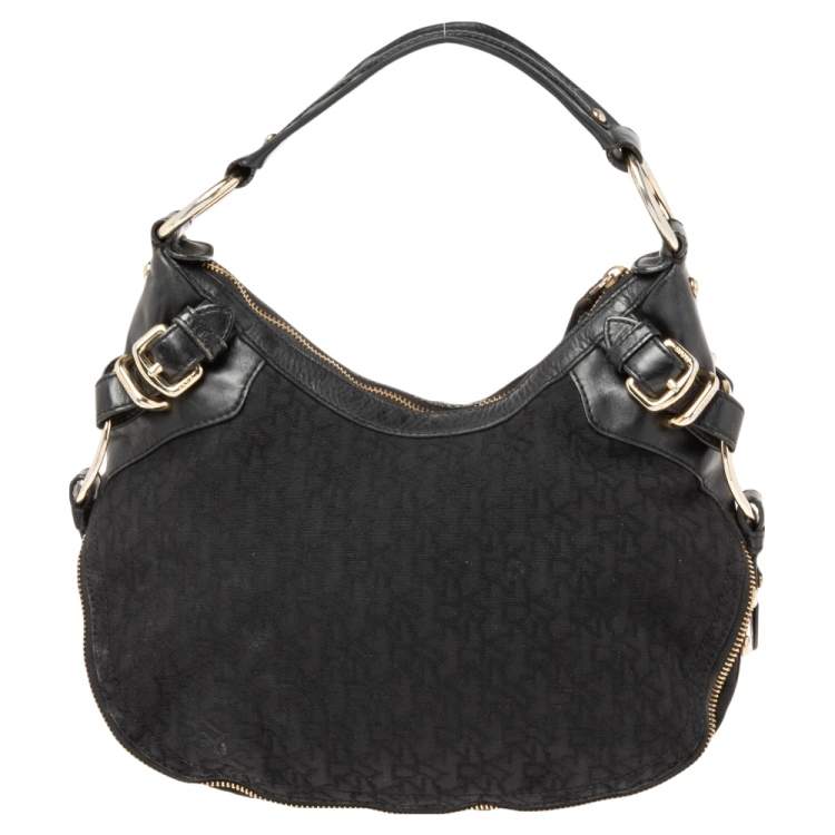 Pre Owned Dkny Black Leather And Monogram Canvas Hobo