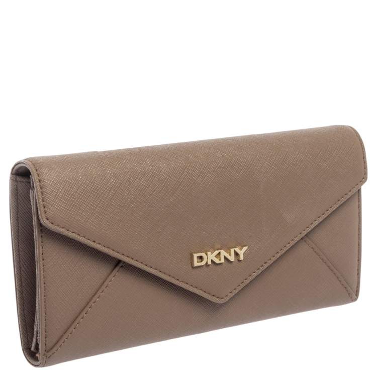 Pre Owned DKNY Dark Beige Saffiano Leather Envelope Flap Continental Wallet