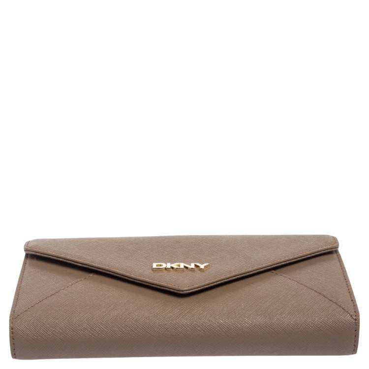 Pre Owned DKNY Dark Beige Saffiano Leather Envelope Flap Continental Wallet