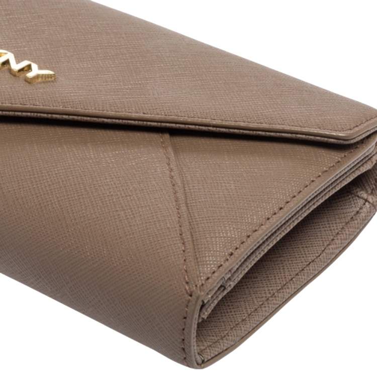 Pre Owned DKNY Dark Beige Saffiano Leather Envelope Flap Continental Wallet