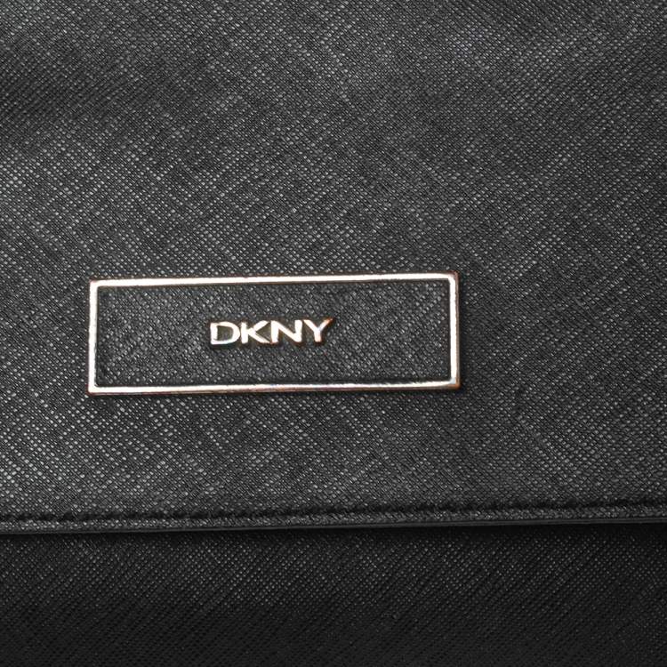 Pre Owned DKNY Black Saffiano Leather Logo Flap Shoulder Bag