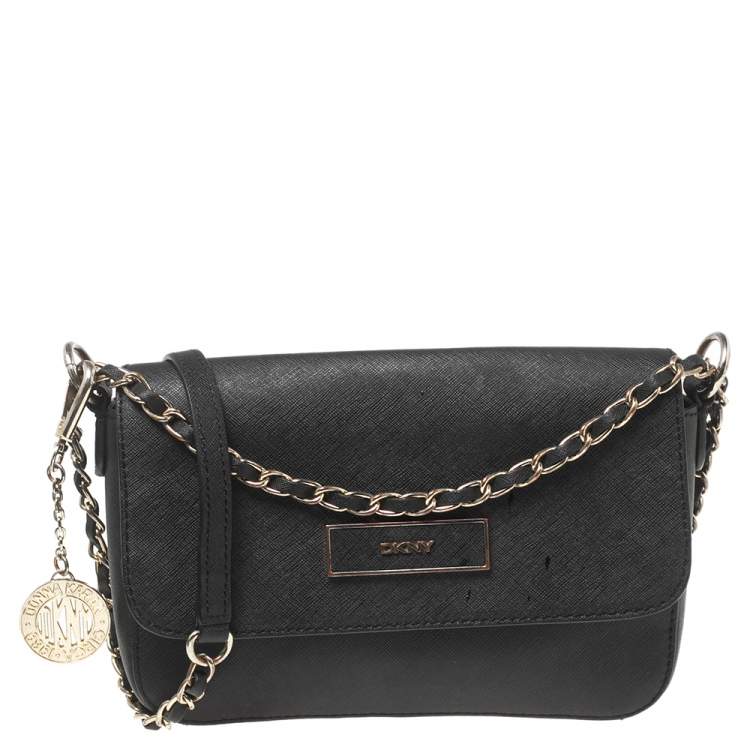 Pre Owned DKNY Black Saffiano Leather Logo Flap Shoulder Bag