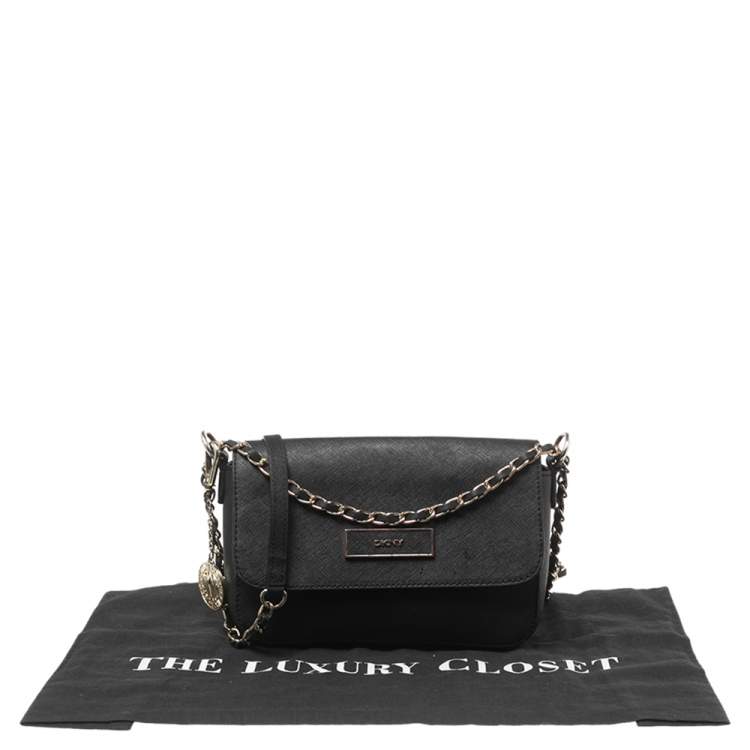 Pre Owned DKNY Black Saffiano Leather Logo Flap Shoulder Bag