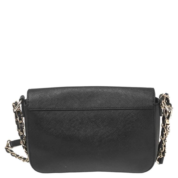 Pre Owned DKNY Black Saffiano Leather Logo Flap Shoulder Bag
