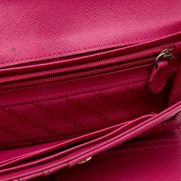 Pre Owned DKNY Green/Pink Leather Long Trifold Wallet