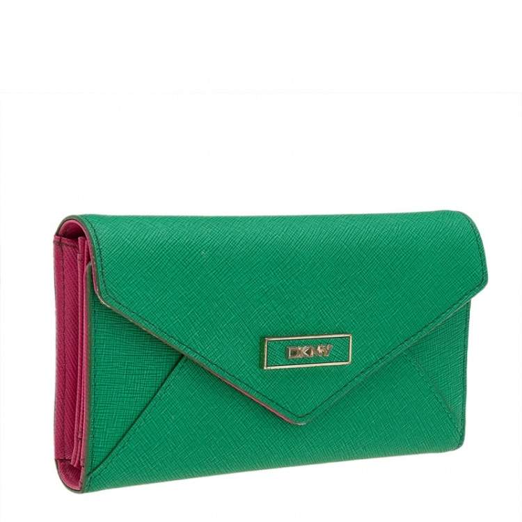 Pre Owned DKNY Green/Pink Leather Long Trifold Wallet
