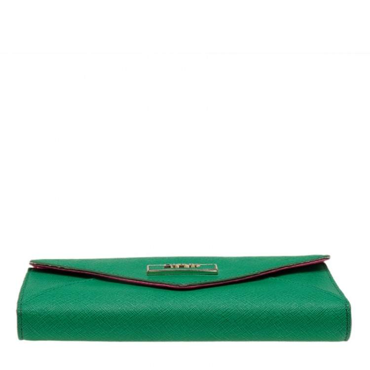 Pre Owned DKNY Green/Pink Leather Long Trifold Wallet