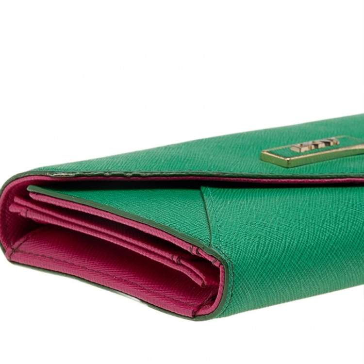 Pre Owned DKNY Green/Pink Leather Long Trifold Wallet