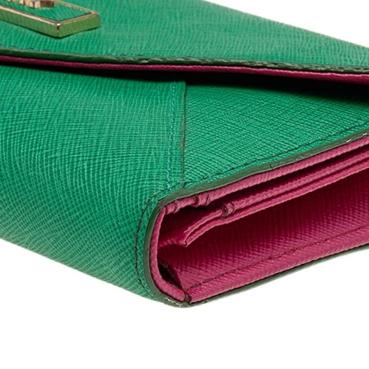 Pre Owned DKNY Green/Pink Leather Long Trifold Wallet
