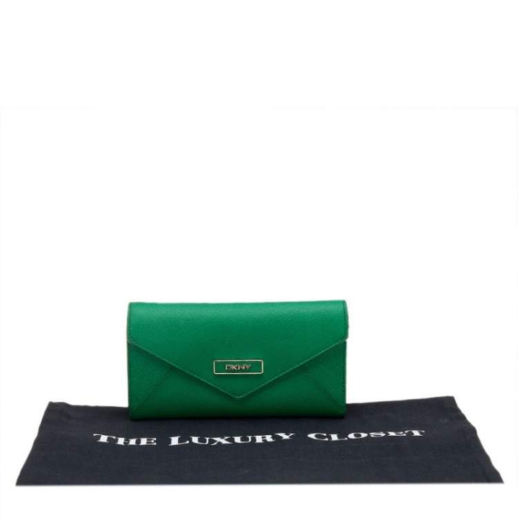 Pre Owned DKNY Green/Pink Leather Long Trifold Wallet