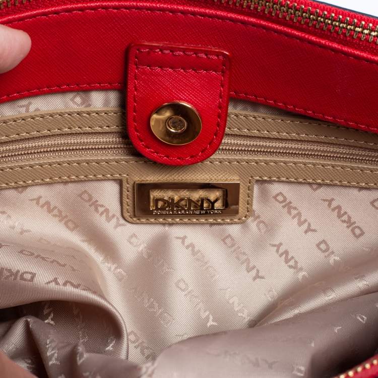 Pre Owned Dkny Red Saffiano Leather Double Zip Tote