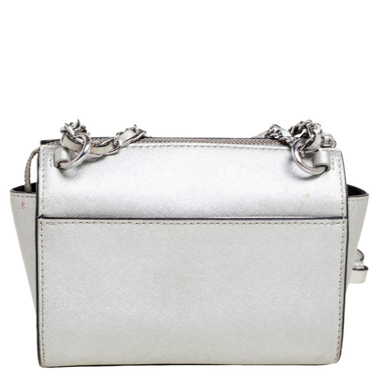Pre Owned DKNY Silver Saffiano Leather Zip Crossbody Bag 