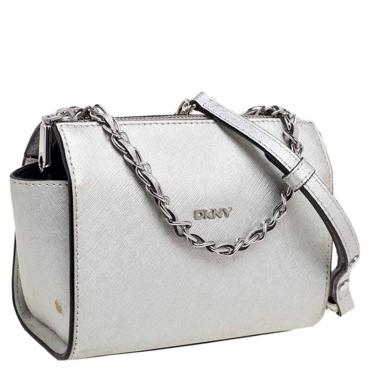 Pre Owned DKNY Silver Saffiano Leather Zip Crossbody Bag 