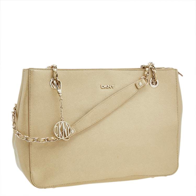 Pre Owned DKNY Metallic Gold Saffiano Leather Bryant Park Chain Tote