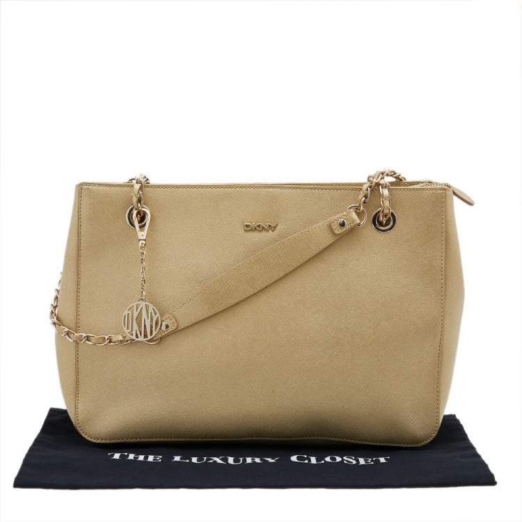 Pre Owned DKNY Metallic Gold Saffiano Leather Bryant Park Chain Tote