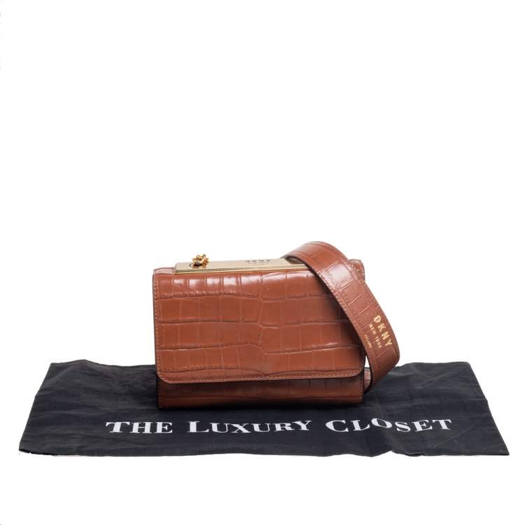 Pre Owned DKNY Tan Croc Embossed Leather Chain Shoulder Bag