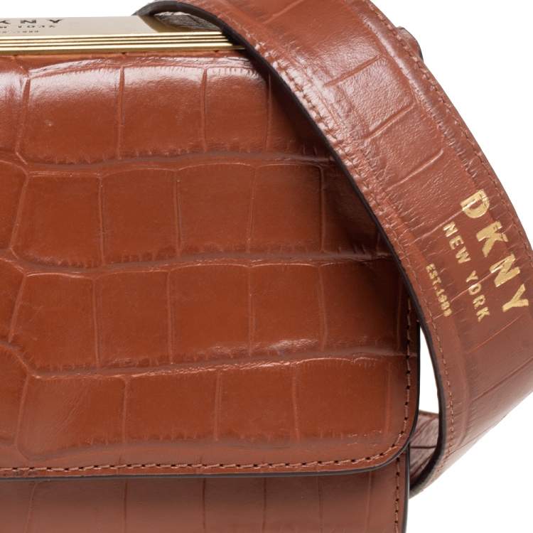 Pre Owned DKNY Tan Croc Embossed Leather Chain Shoulder Bag