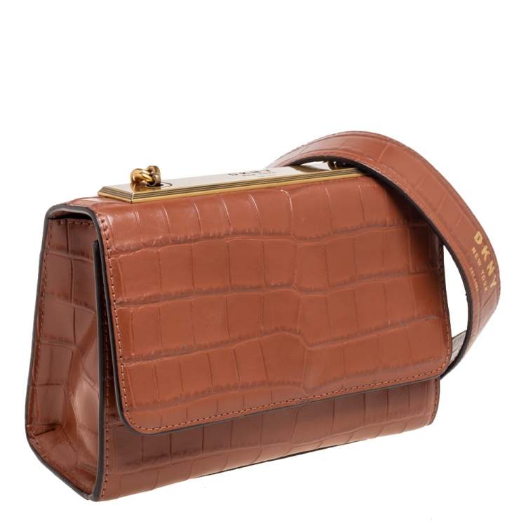 Pre Owned DKNY Tan Croc Embossed Leather Chain Shoulder Bag