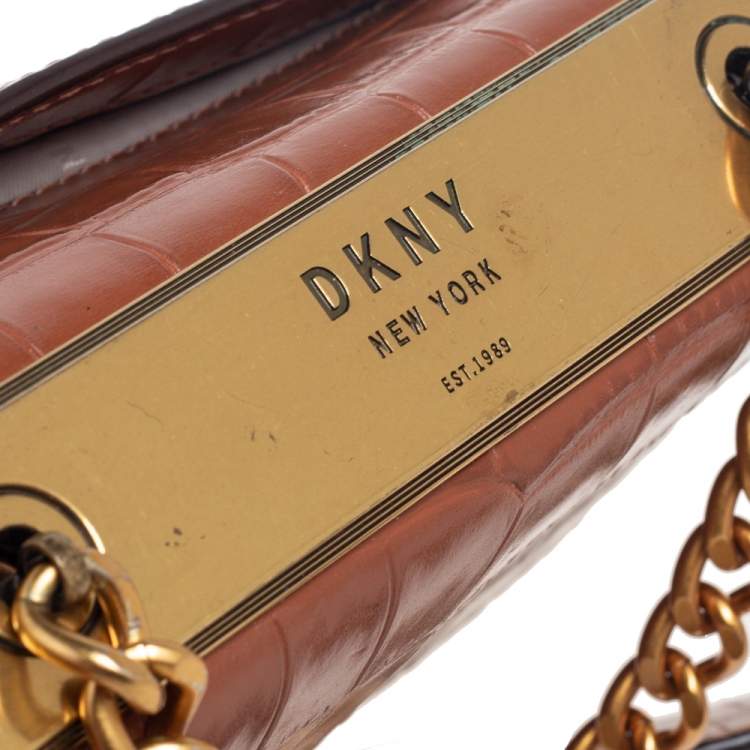 Pre Owned DKNY Tan Croc Embossed Leather Chain Shoulder Bag