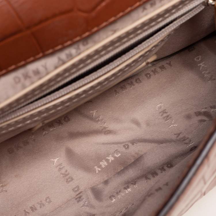 Pre Owned DKNY Tan Croc Embossed Leather Chain Shoulder Bag