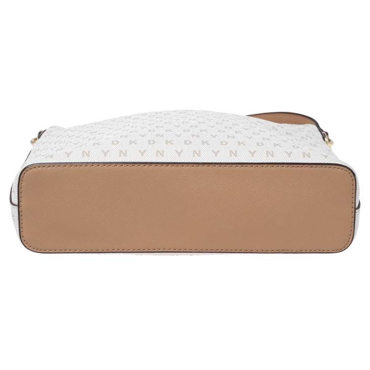 Pre Owned DKNY White/Beige Signature Coated Canvas and Leather Top Zip Shoulder Bag