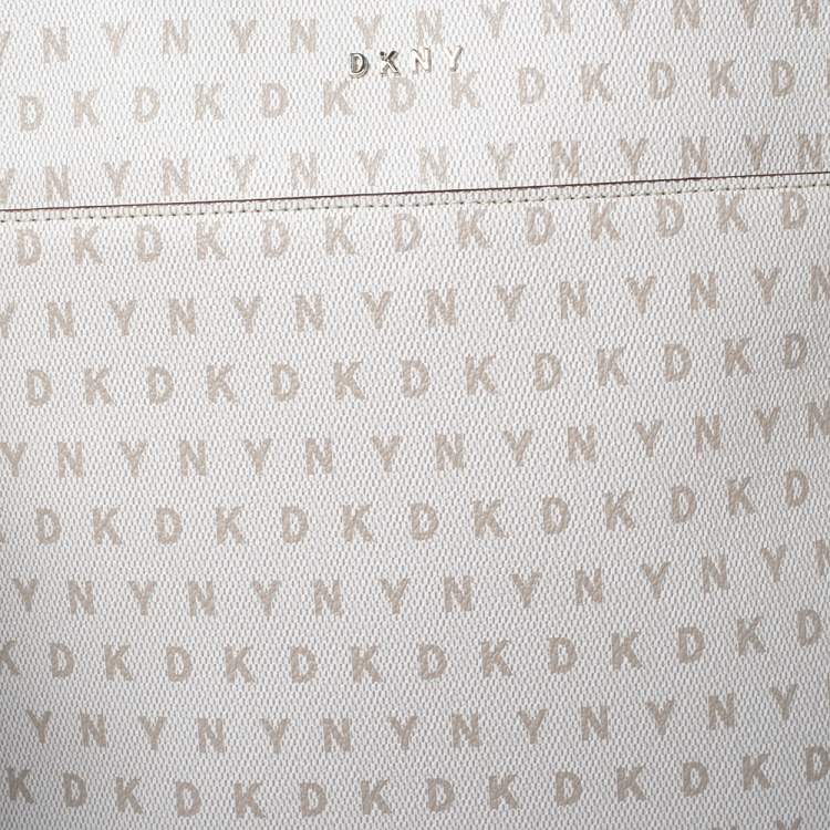 Pre Owned DKNY White/Beige Signature Coated Canvas and Leather Top Zip Shoulder Bag