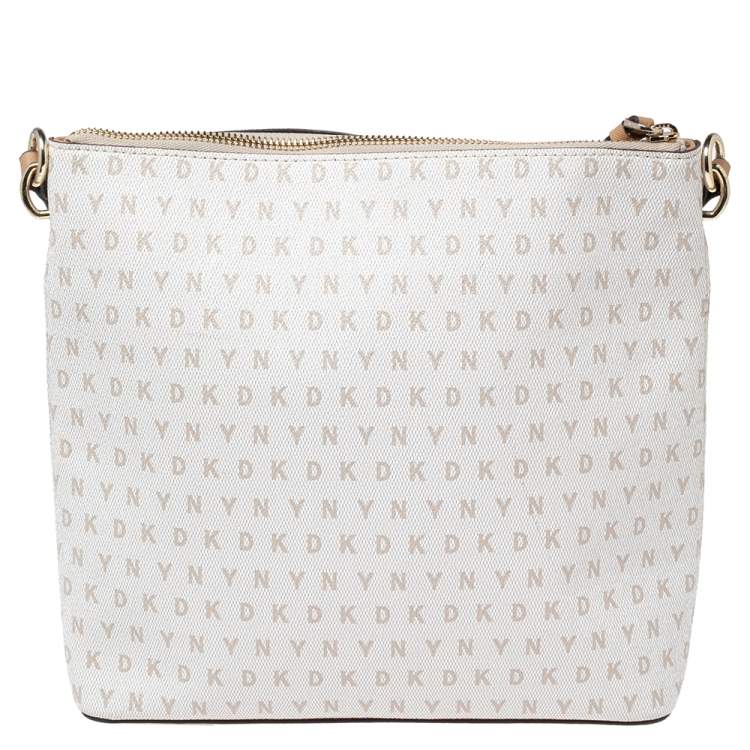 Pre Owned DKNY White/Beige Signature Coated Canvas and Leather Top Zip Shoulder Bag