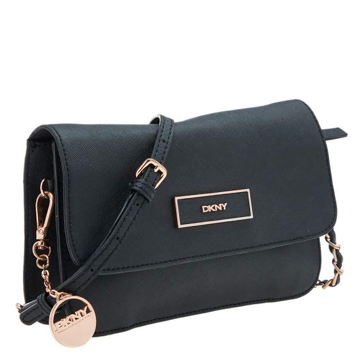 Pre Owned DKNY Black Saffiano Leather Logo Flap Shoulder Bag