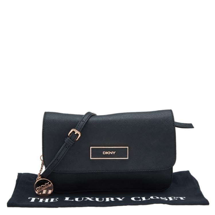 Pre Owned DKNY Black Saffiano Leather Logo Flap Shoulder Bag