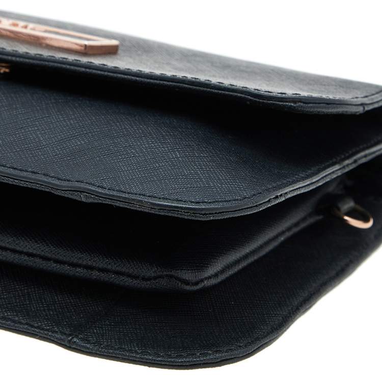 Pre Owned DKNY Black Saffiano Leather Logo Flap Shoulder Bag