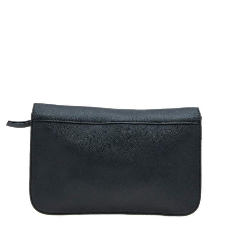 Pre Owned DKNY Black Saffiano Leather Logo Flap Shoulder Bag