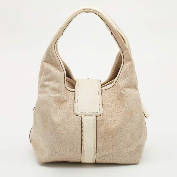 Pre Owned DKNY Light Beige/Cream Canvas and Leather Hobo