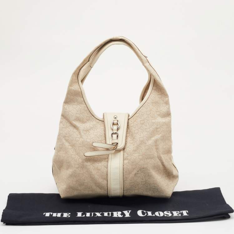 Pre Owned DKNY Light Beige/Cream Canvas and Leather Hobo