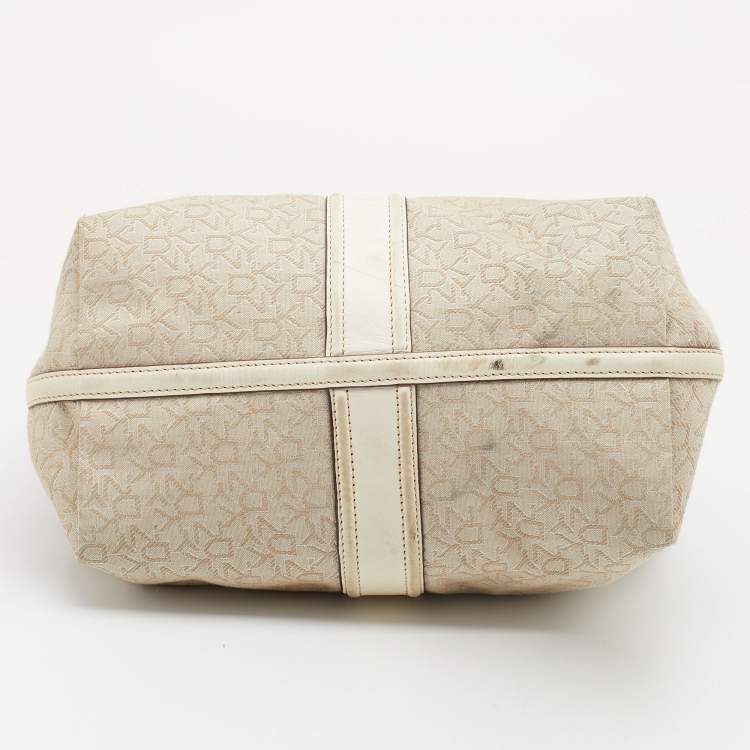 Pre Owned DKNY Light Beige/Cream Canvas and Leather Hobo