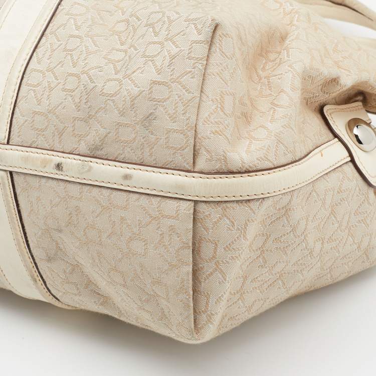 Pre Owned DKNY Light Beige/Cream Canvas and Leather Hobo