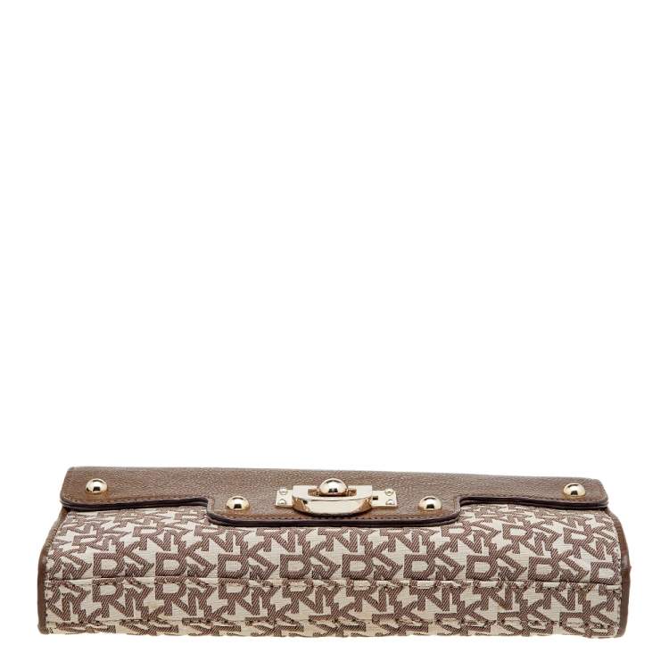 Pre Owned DKNY Brown/Beige Signature Canvas And Leather Chain Shoulder Bag