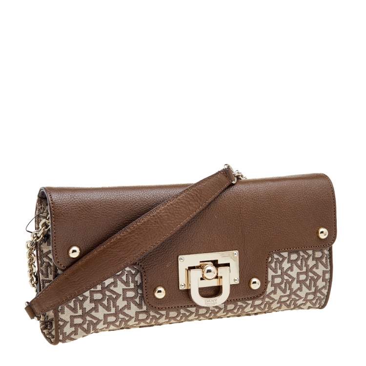 Pre Owned DKNY Brown/Beige Signature Canvas And Leather Chain Shoulder Bag