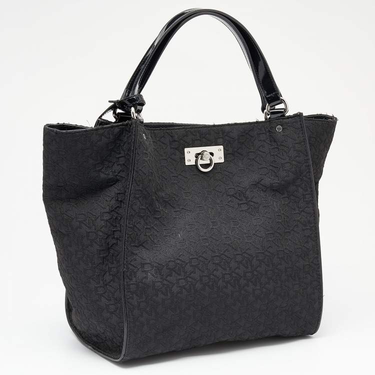 Pre Owned DKNY Black Monogram Canvas And Patent Leather Tote